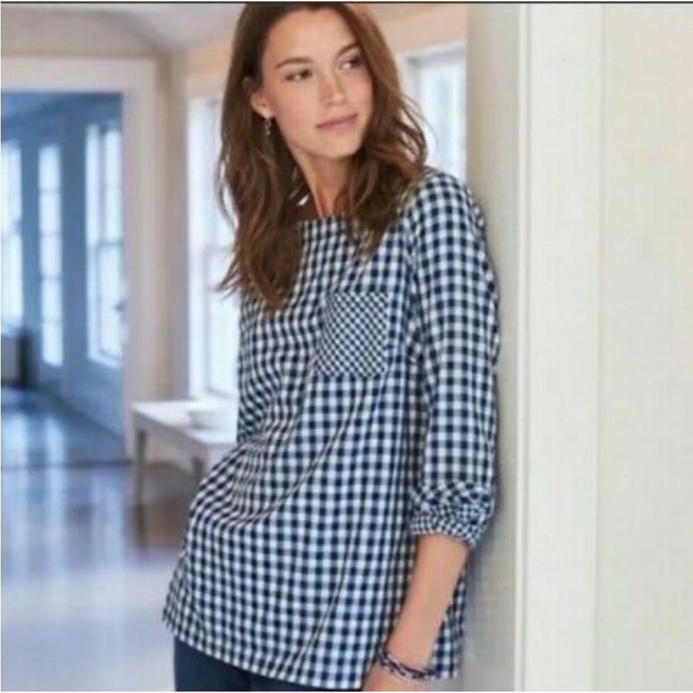 J. Jill Gingham Plaid Blouse Top Sz XL Blue White 100% Cotton Button Back